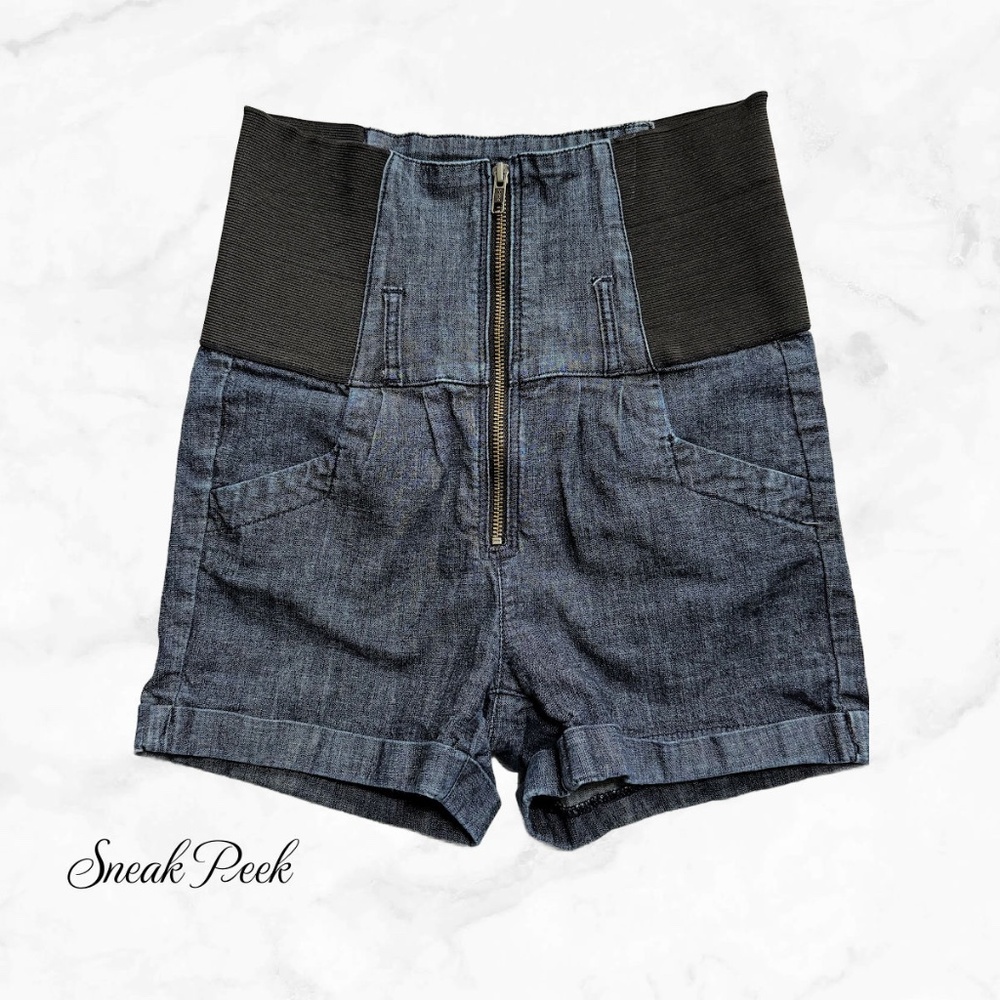 Sneak Peek High Waisted Side Elastic Denim Shorts - Size S - indigo wash